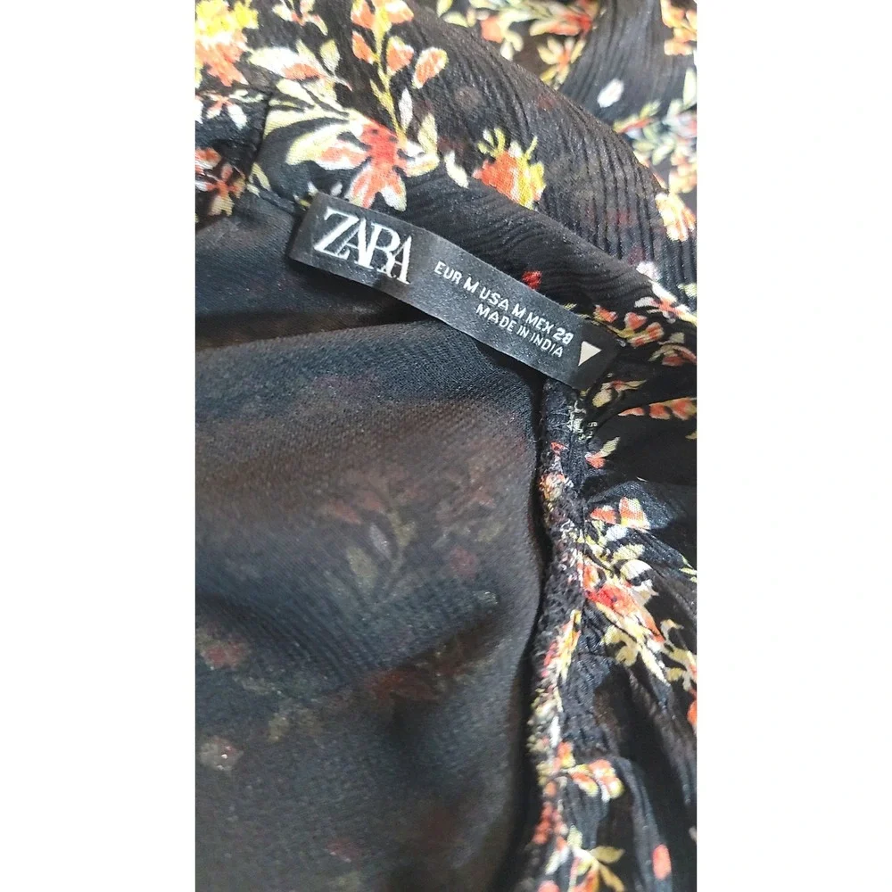 ZARA Black Floral Print Tiered Maxi Dress Puff Sleeve Ruffle High Neck - Picture 8 of 10